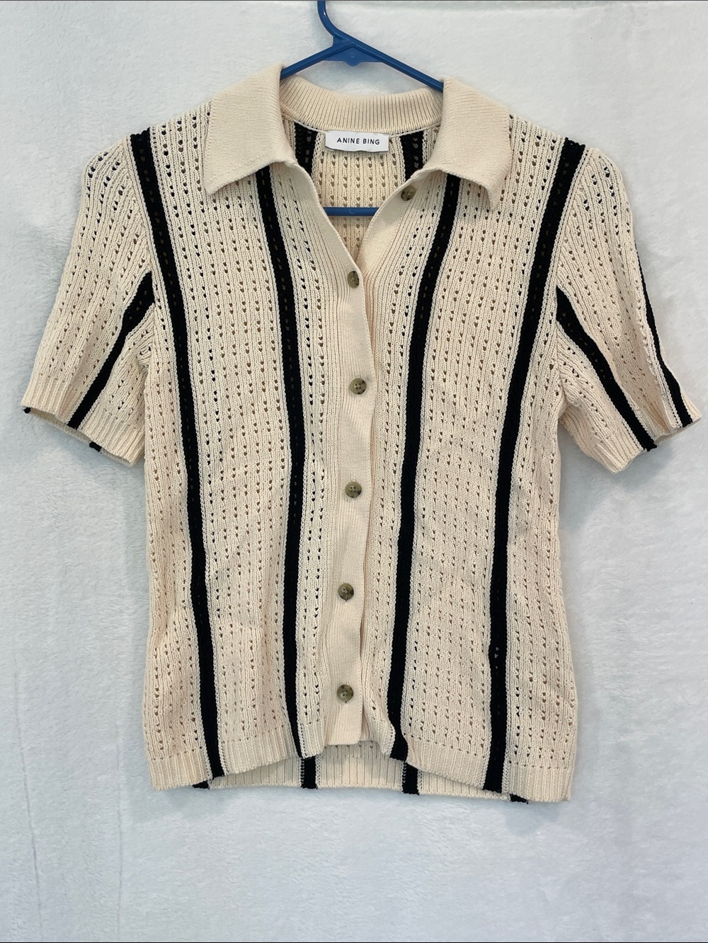 Anine Bing Cream & Black Short-Sleeve Knit Polo Button Up Top Womens Sz XS